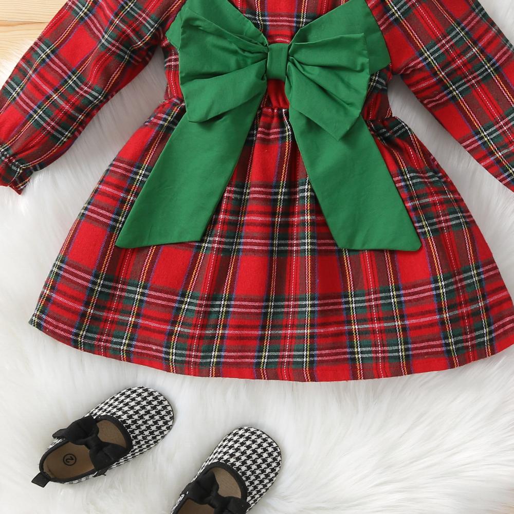 Mommbaby Christmas Girls Autumn and Winter Princess Bow Plaid Dress Kids Clothes